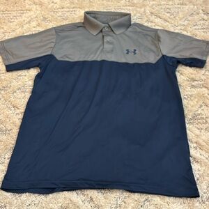 Men Small Under Armour gray and navy polo shirt short sleeve collar and buttons